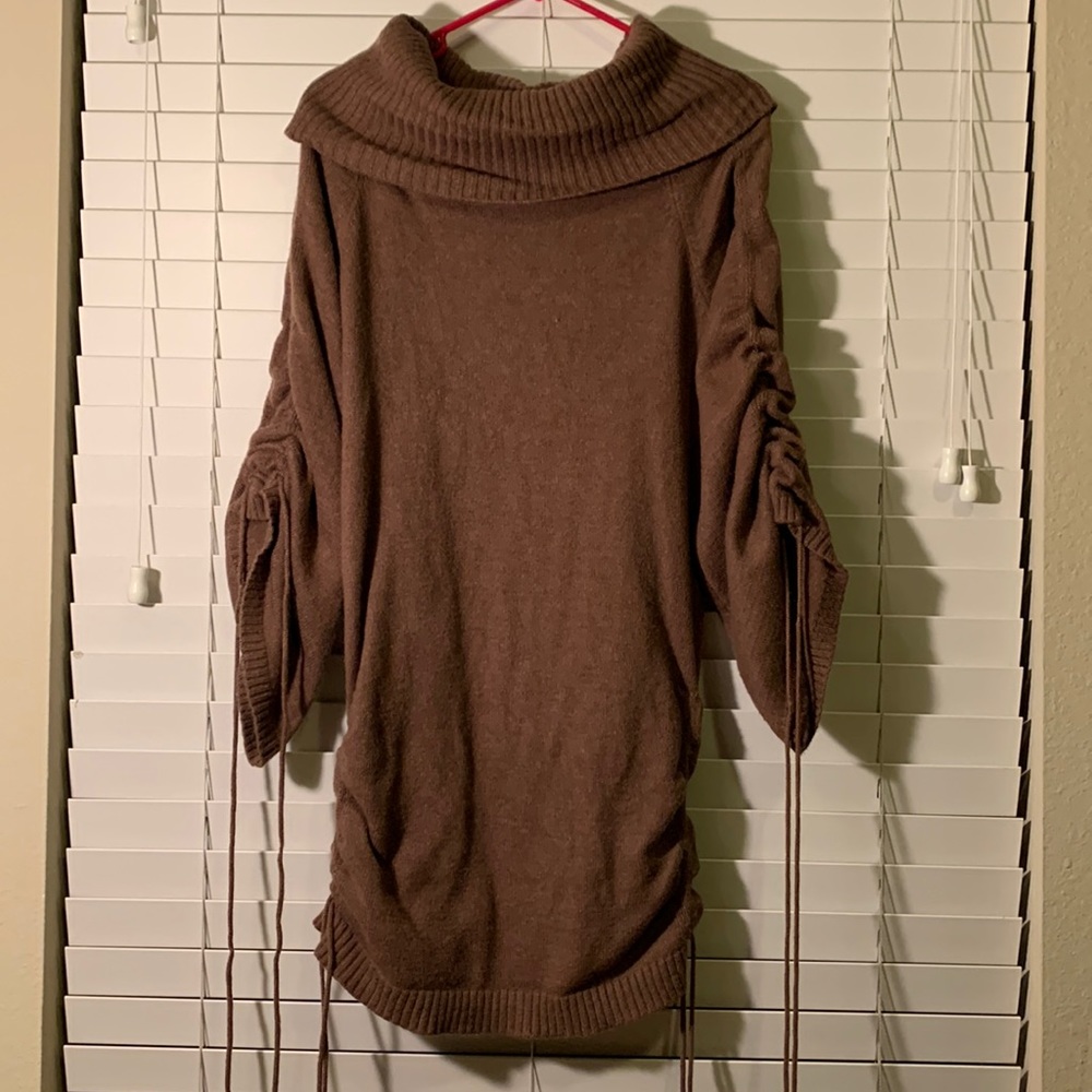 Sweater Mini Dress Medium with Ruchable Sleeves and Hem